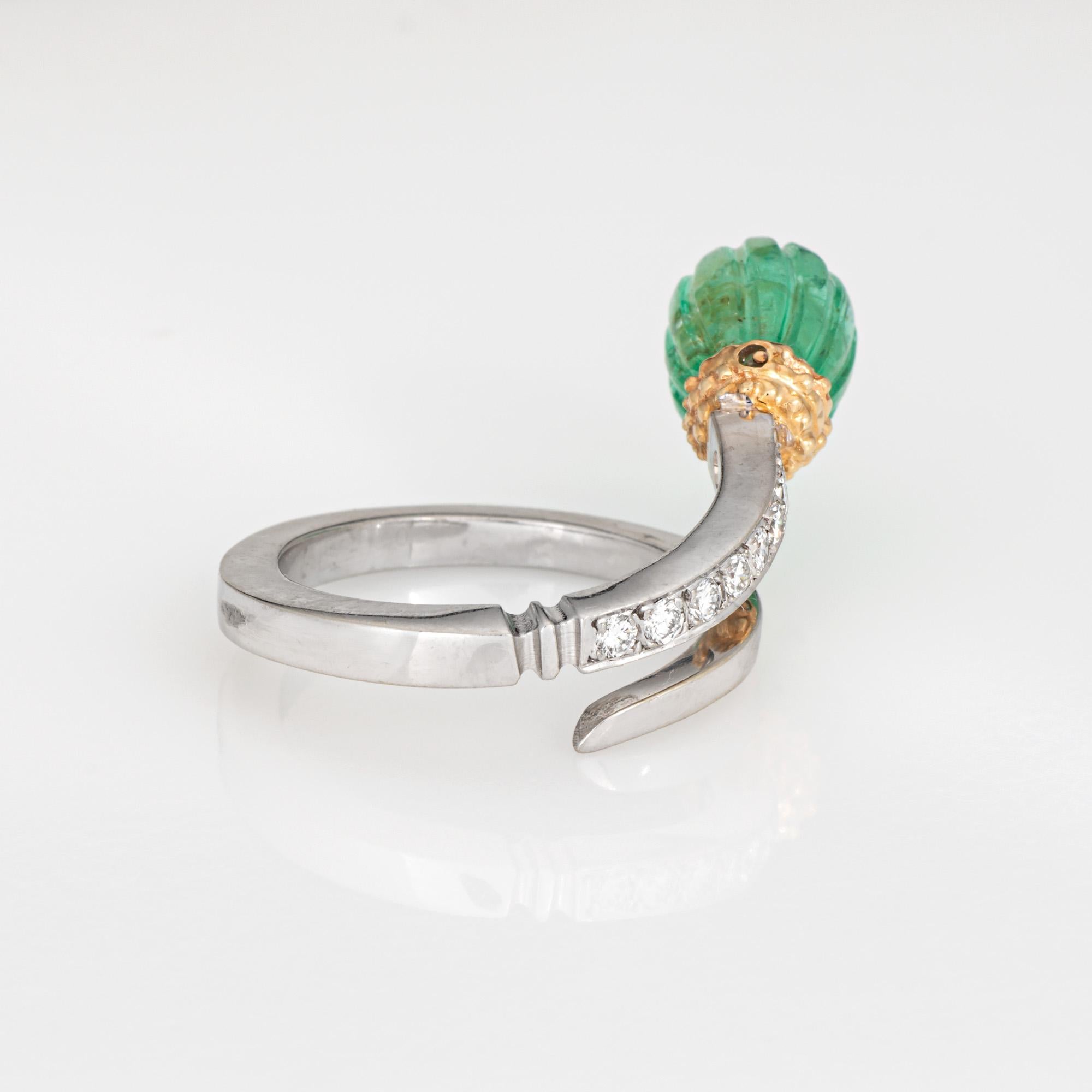 Contemporary Fluted Emerald Diamond Bypass Ring Estate Sz 6 14k White Gold Fine Jewelry For Sale