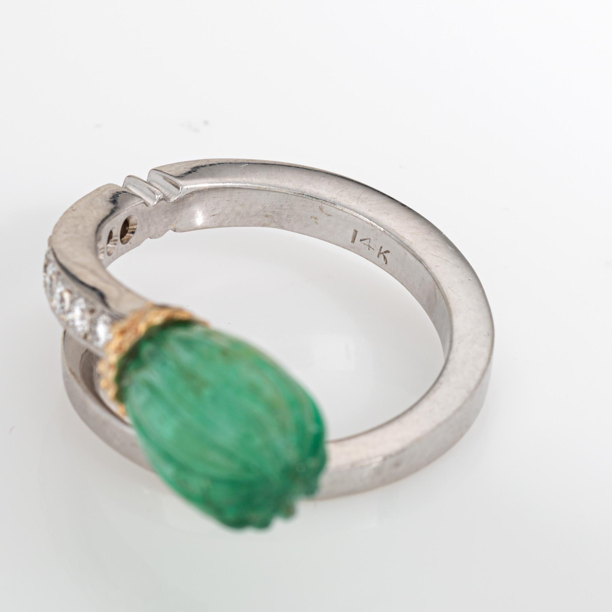 Women's Fluted Emerald Diamond Bypass Ring Estate Sz 6 14k White Gold Fine Jewelry For Sale