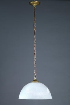 Fluted Frosted Glass Pendant Light Brass Hardware Half Globe
