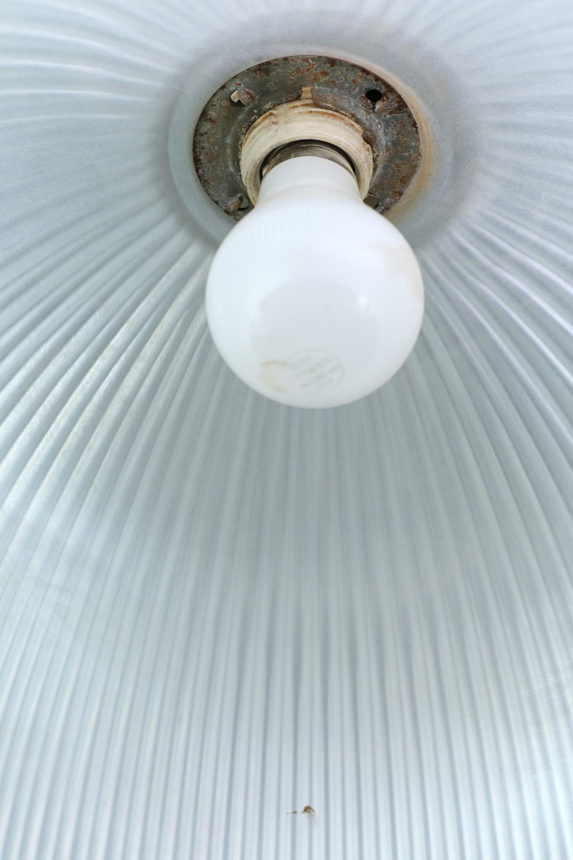 20th Century Fluted Frosted Glass Pendant Light Brass Hardware Half Globe For Sale