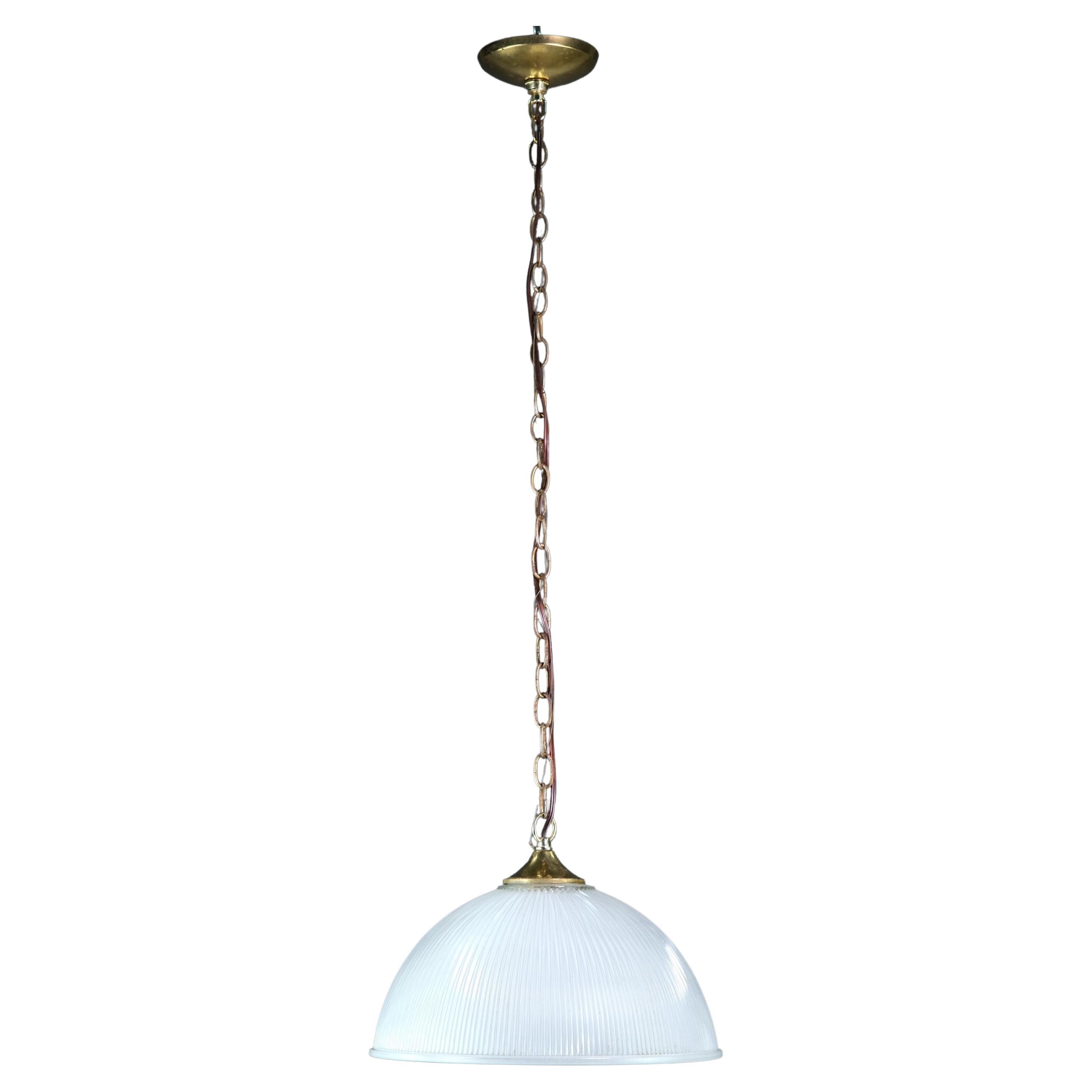 Fluted Frosted Glass Pendant Light Brass Hardware Half Globe For Sale