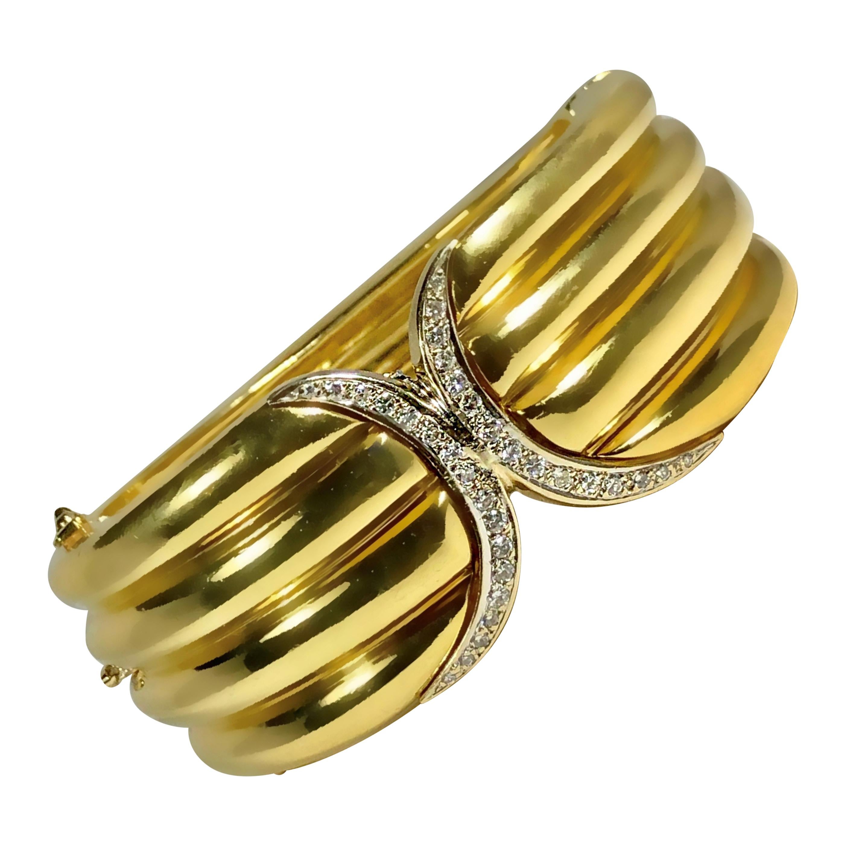 Fluted Gold and Diamond Cuff Bracelet