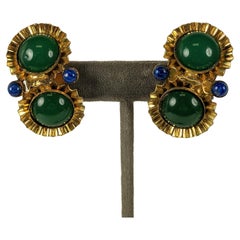 Fluted Gold and Green Cab Earrings
