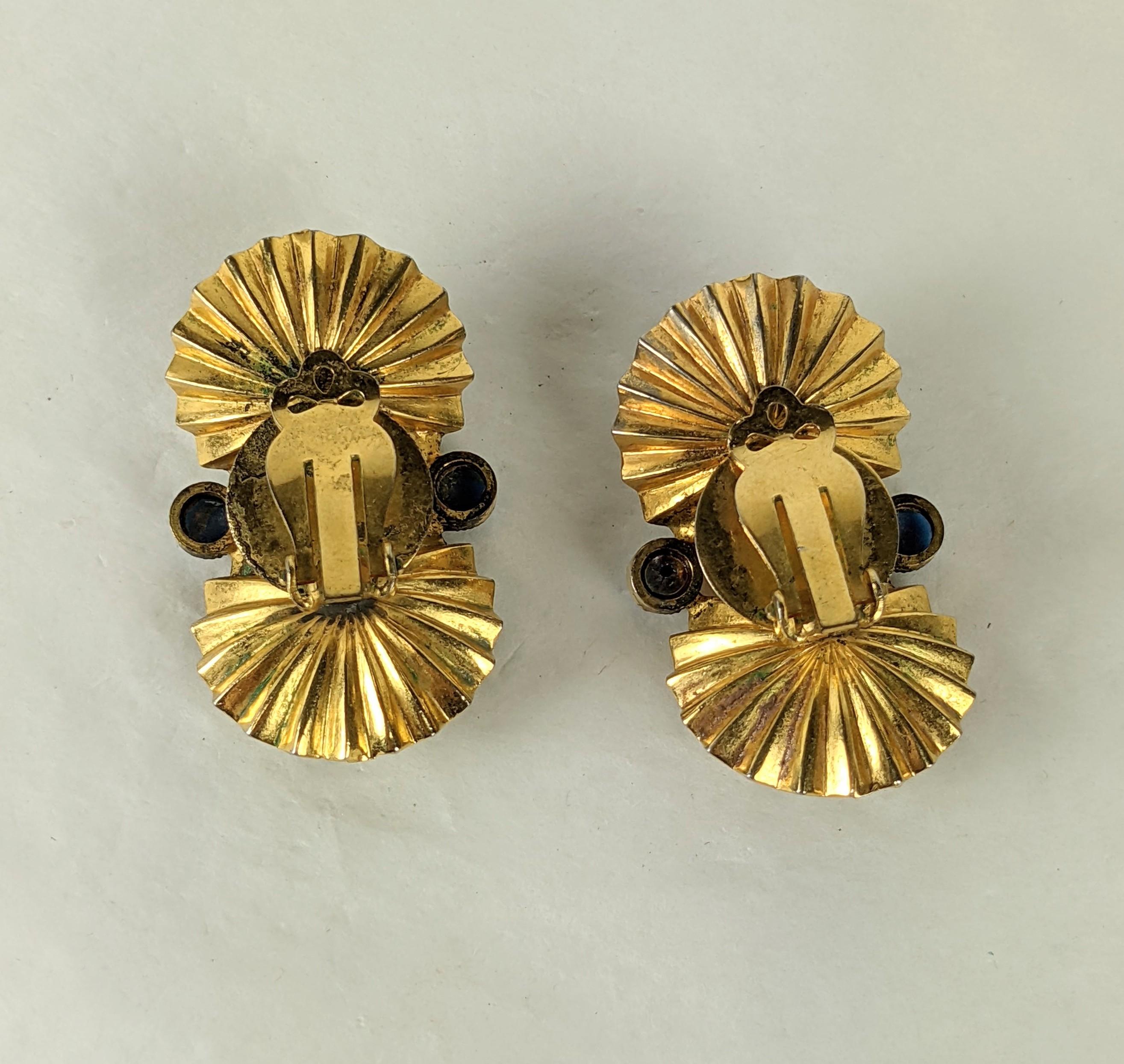 Retro Fluted Gold and Green Cab Earrings For Sale