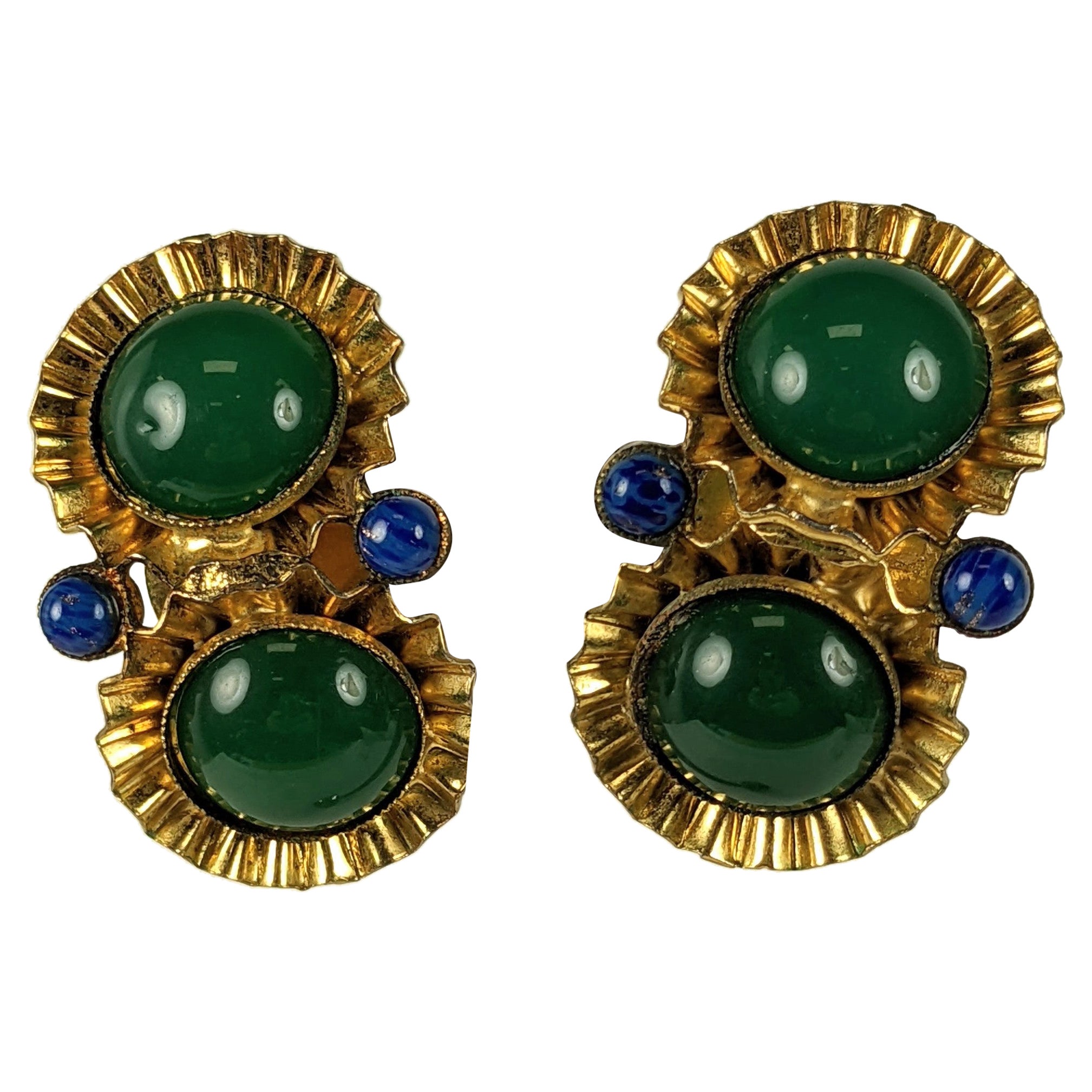 Pendientes Acanalados de Oro y Cabujón Verde en venta