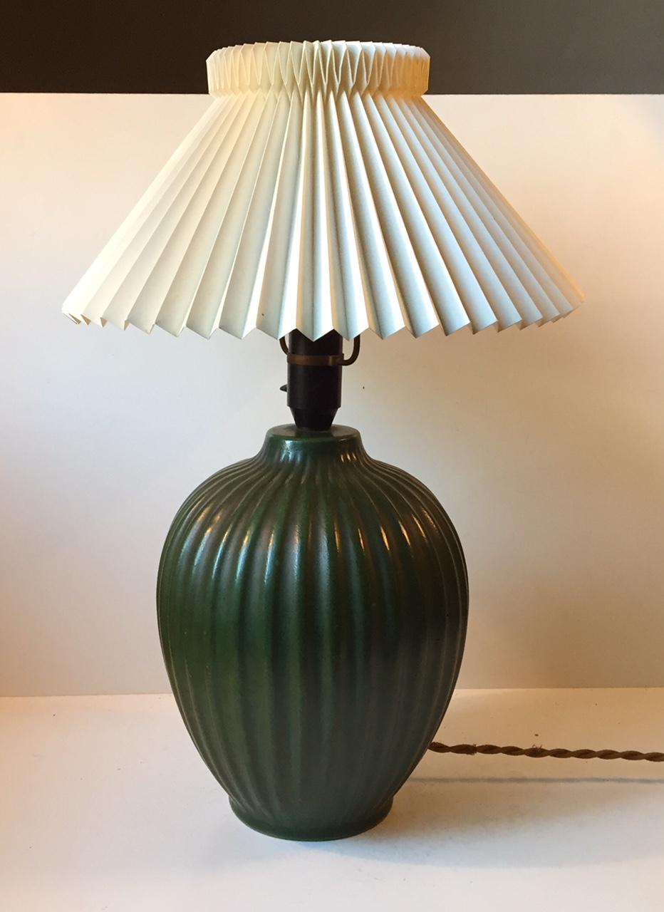 Danish Fluted Green Ceramic Table Lamp by Michael Andersen, 1930s