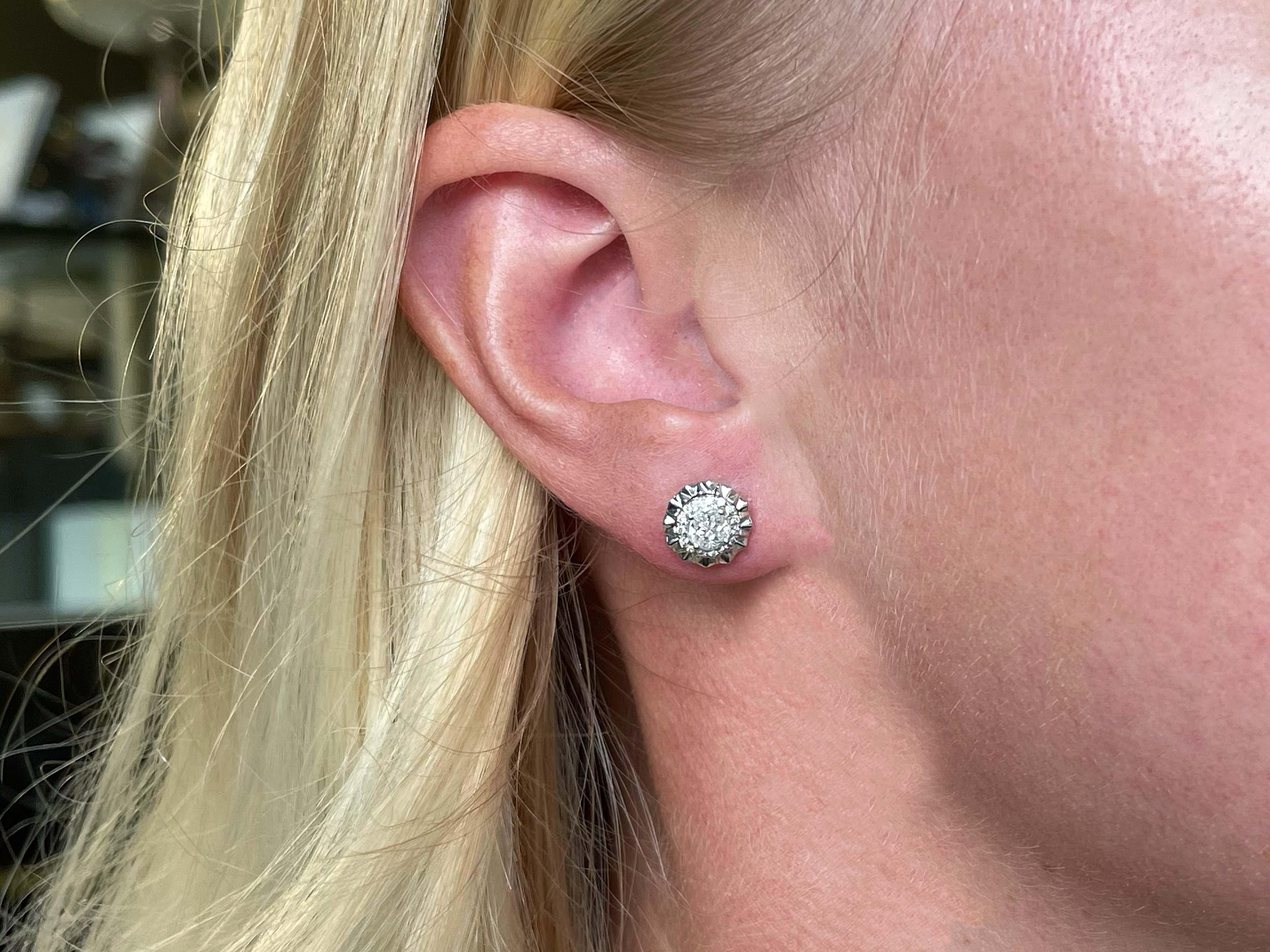 Earrings Specifications:

Metal: 18k White Gold

Earring Diameter: 9.1 mm

Total Weight: 3.4 Grams

Diamonds: 38

Diamond Color: G-H (halo), G (pie-cut center)

Diamond Clarity: SI1(halo), VS2 (piecut)
​
​Total Diamond Carat Weight: 0.75