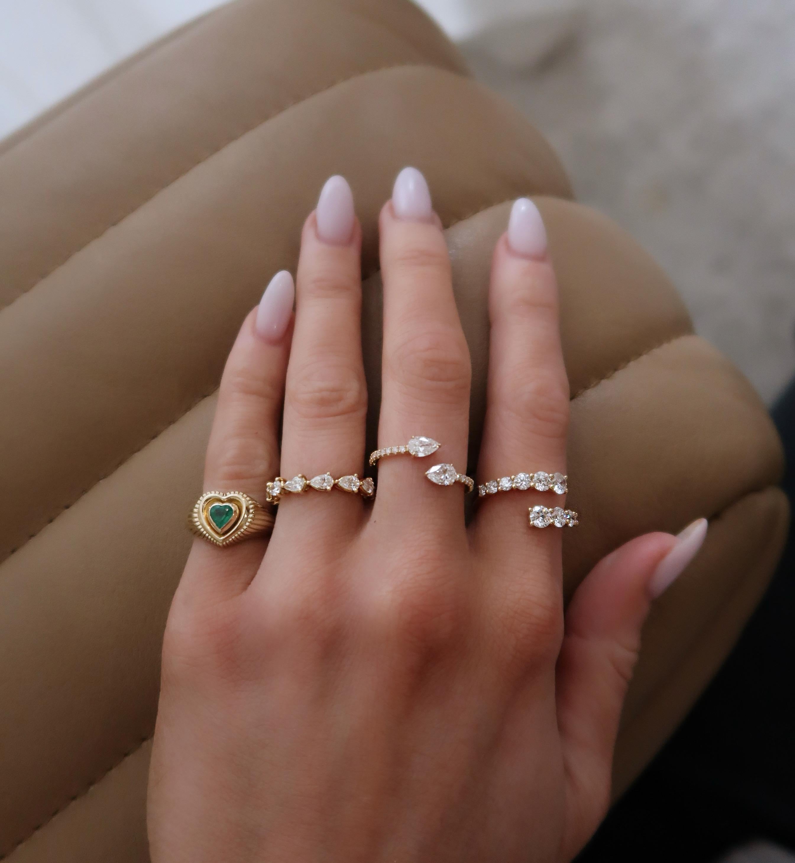 For Sale:  Fluted Heart Emerald Diamond Signet Ring 3