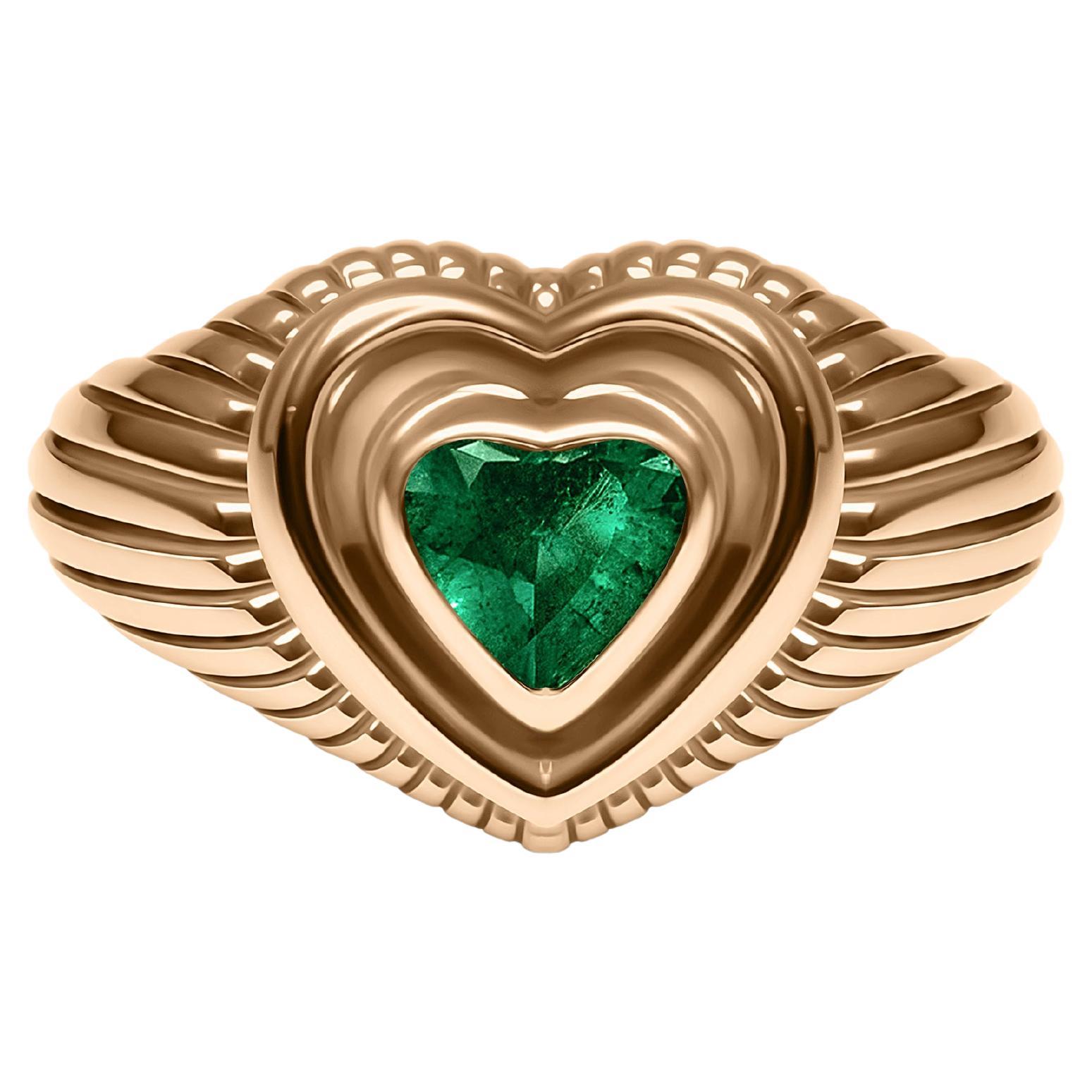 For Sale:  Fluted Heart Emerald Diamond Signet Ring