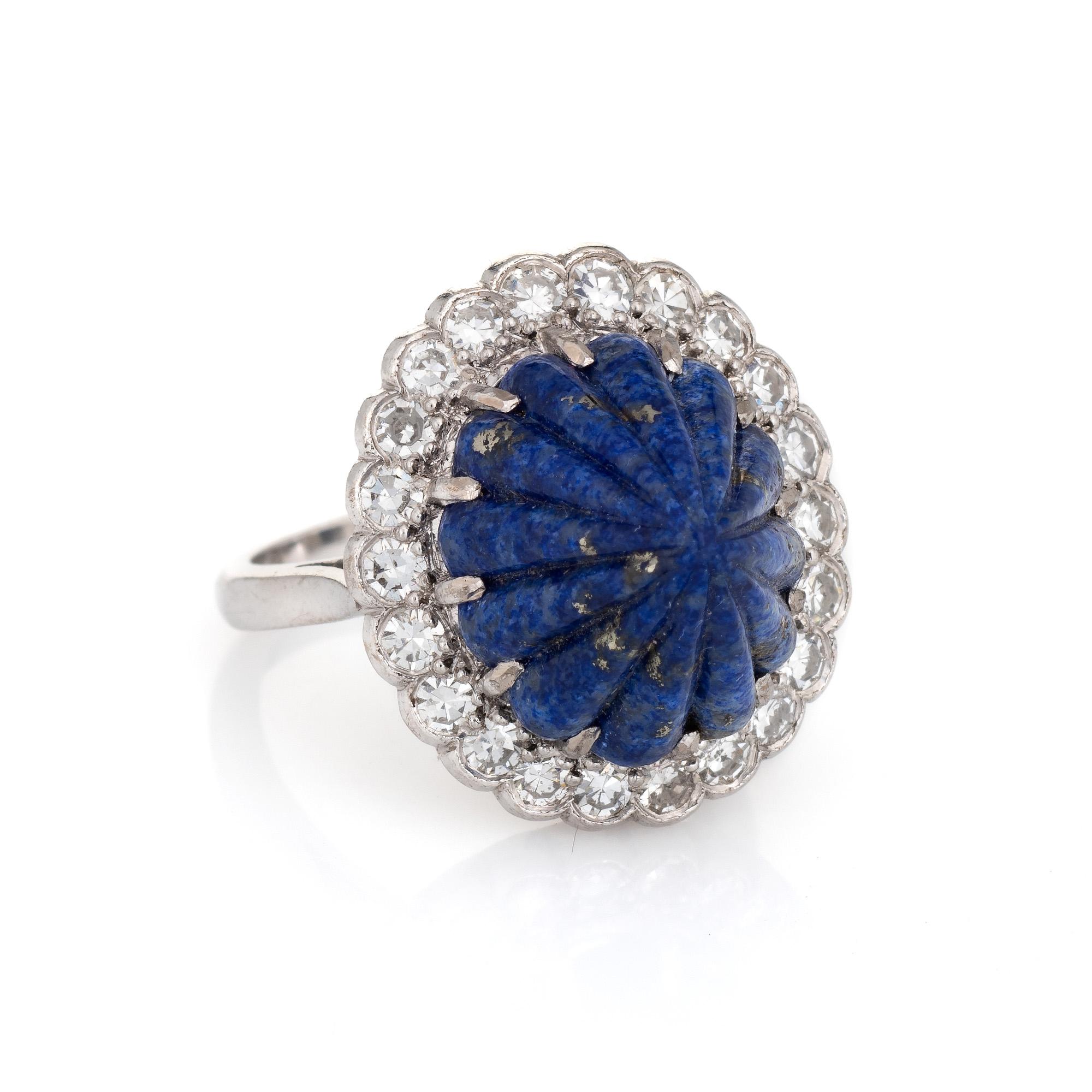 Stylish vintage fluted lapis lazuli & diamond cocktail ring (circa 1950s to 1960s) crafted in 18 karat white gold. 

Fluted lapis lazuli measures 14mm x 12mm, accented with an estimated 1 carat of diamonds (estimated at H-I color and VS2-SI2