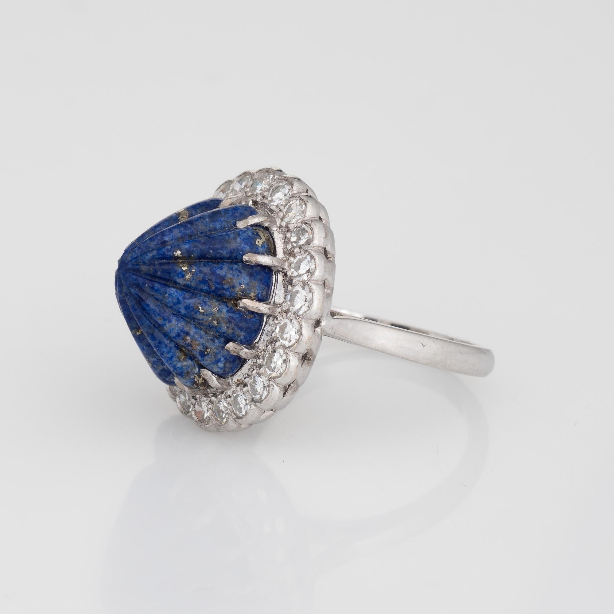 Retro Fluted Lapis Lazuli Diamond Ring 18k White Gold Mid Century Jewelry Sz 5.75 For Sale