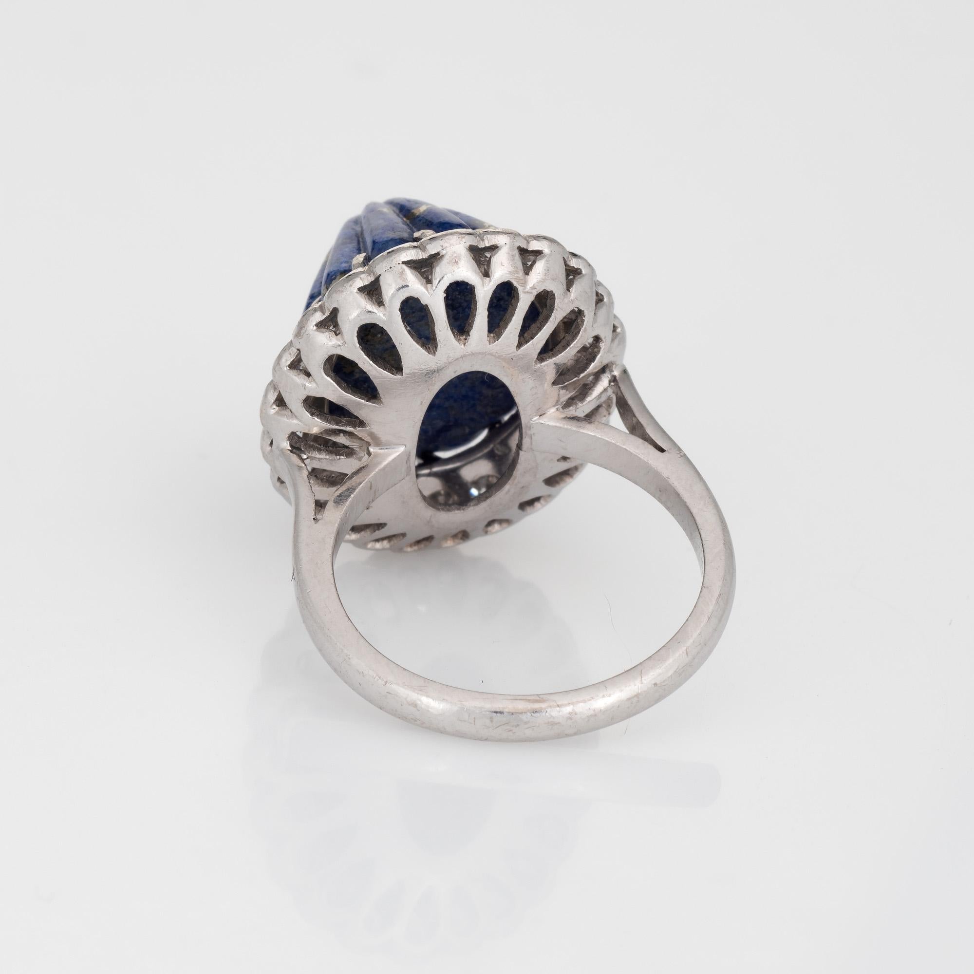 Cabochon Fluted Lapis Lazuli Diamond Ring 18k White Gold Mid Century Jewelry Sz 5.75 For Sale