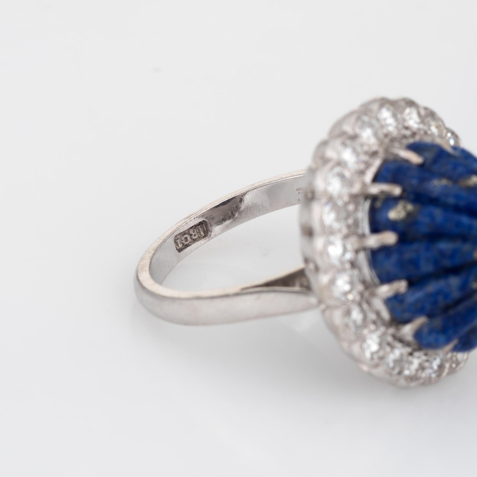 Women's Fluted Lapis Lazuli Diamond Ring 18k White Gold Mid Century Jewelry Sz 5.75 For Sale