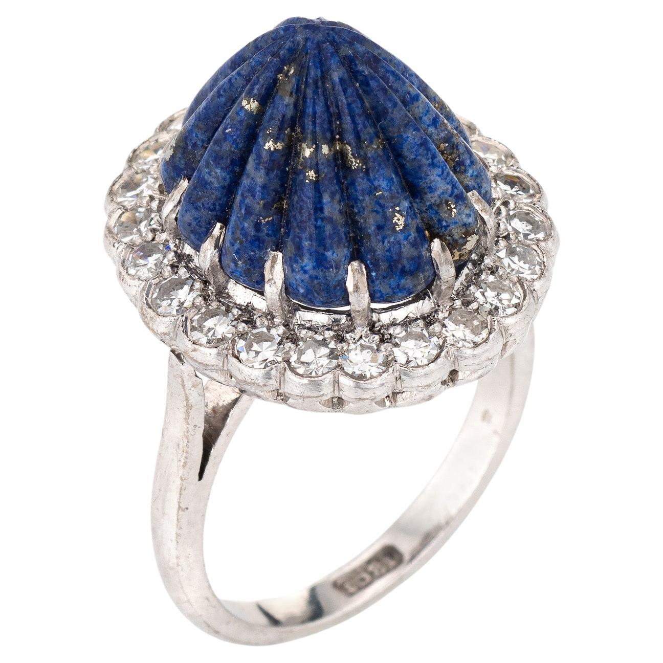 Bague en Lapis Lazuli cannelé avec diamant en or blanc 18k Bijoux Mid Century Sz 5.75