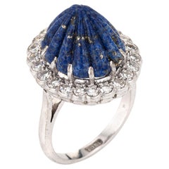 Retro Fluted Lapis Lazuli Diamond Ring 18k White Gold Mid Century Jewelry Sz 5.75