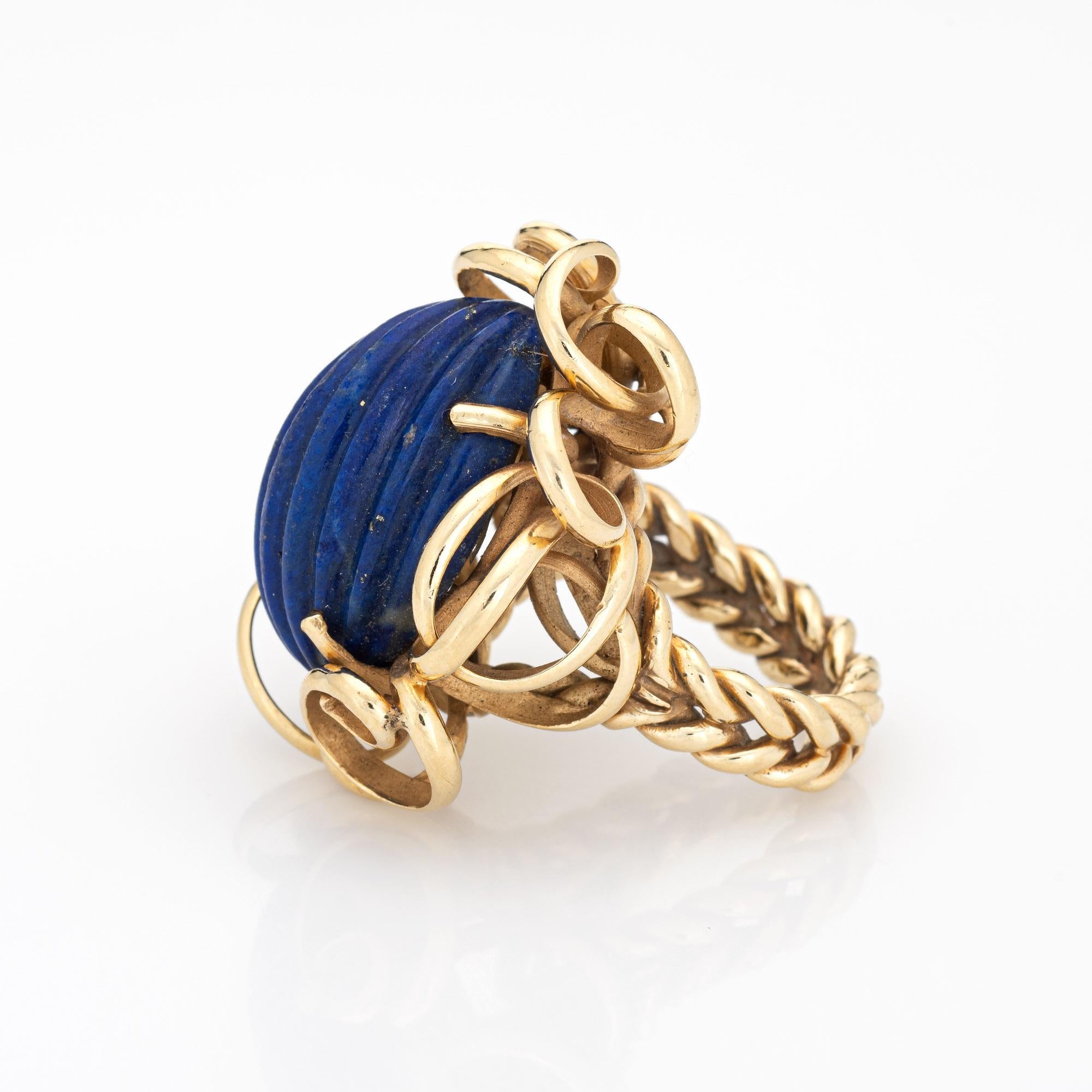 Cabochon Fluted Lapis Lazuli Ring 14k Yellow Gold 60s Vintage Large Cocktail Ring Heavy For Sale