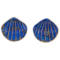 Fluted Lapis Lazuli Shell Earrings Vintage 14 Karat Gold Fine Ocean Jewelry