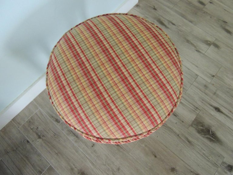 Fluted Legs Round Vanity Stool with Plaid Silk Fabric and Rope Trim For Sale at 1stDibs