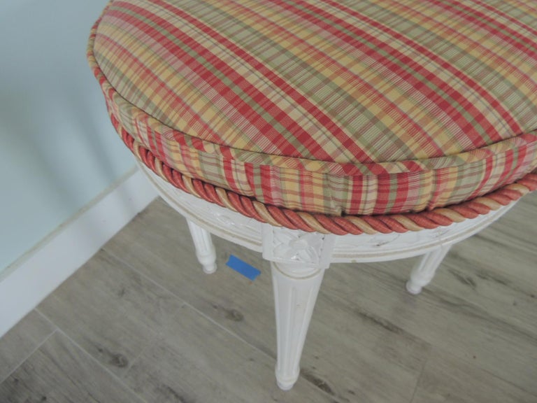 Fluted Legs Round Vanity Stool with Plaid Silk Fabric and Rope Trim For Sale at 1stDibs