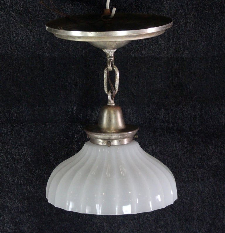 Fluted Milk Glass SemiFlush Mount Pendant Light w/ SilverPlated Brass