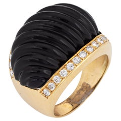 Fluted Onyx Diamond Ring Dome Vintage 18k Yellow Gold Estate Cocktail Jewelry