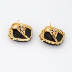 Fluted Onyx Diamond Shell Earrings Vintage 18k Yellow Gold Large Cocktail Fine