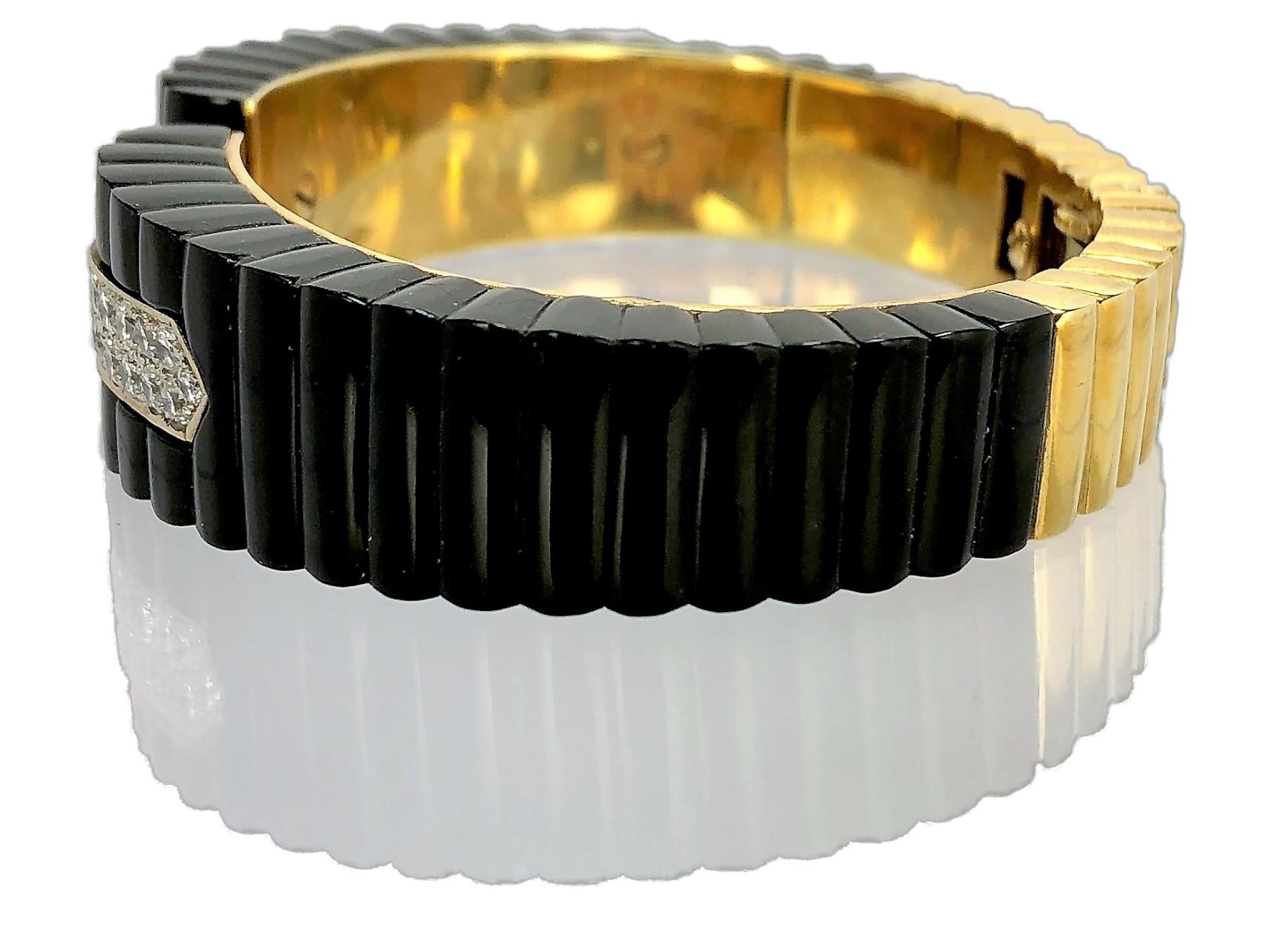 Brilliant Cut Fluted Onyx Gold and Diamond Split Front Cuff Bangle