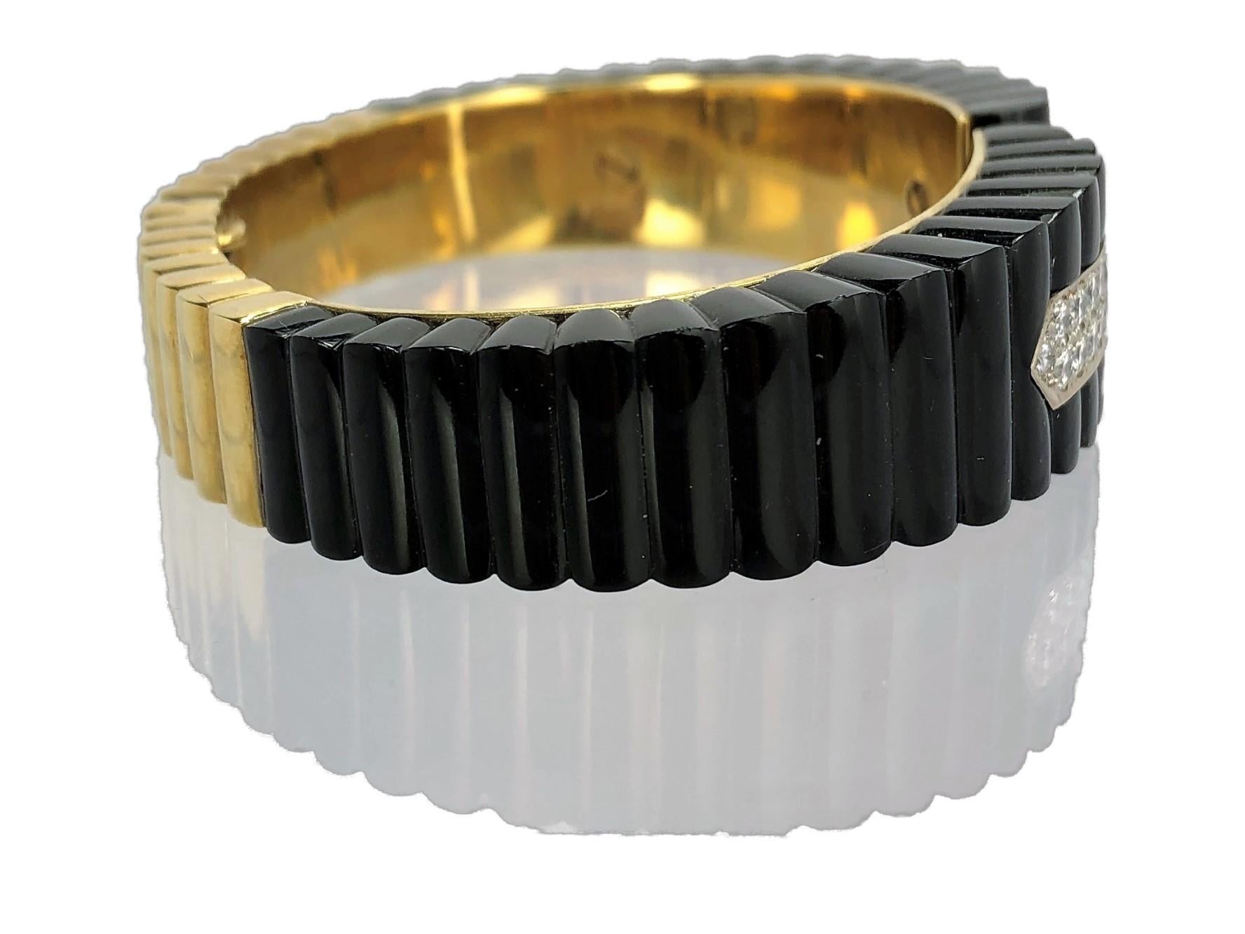Women's Fluted Onyx Gold and Diamond Split Front Cuff Bangle