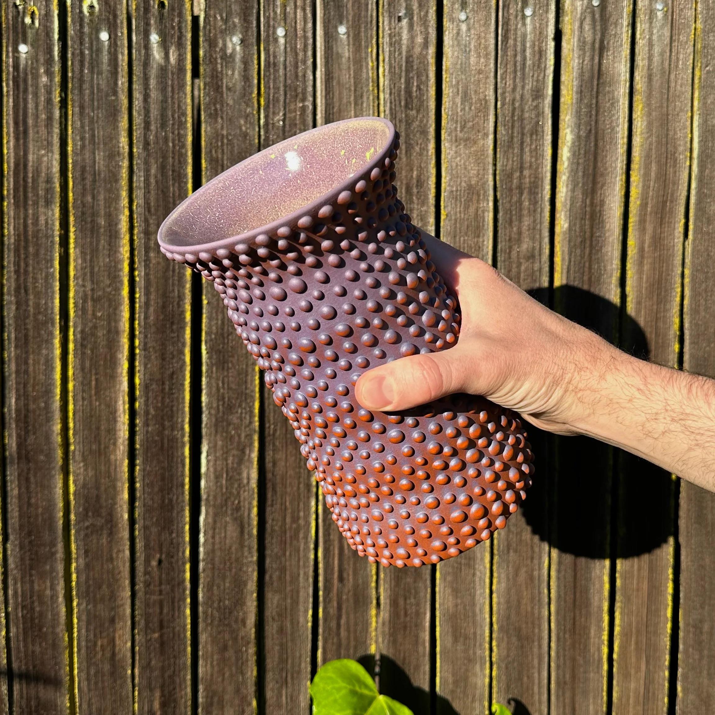Mid-Century Modern Fluted Purple And Rust Organic Dot Ombre Vase For Sale