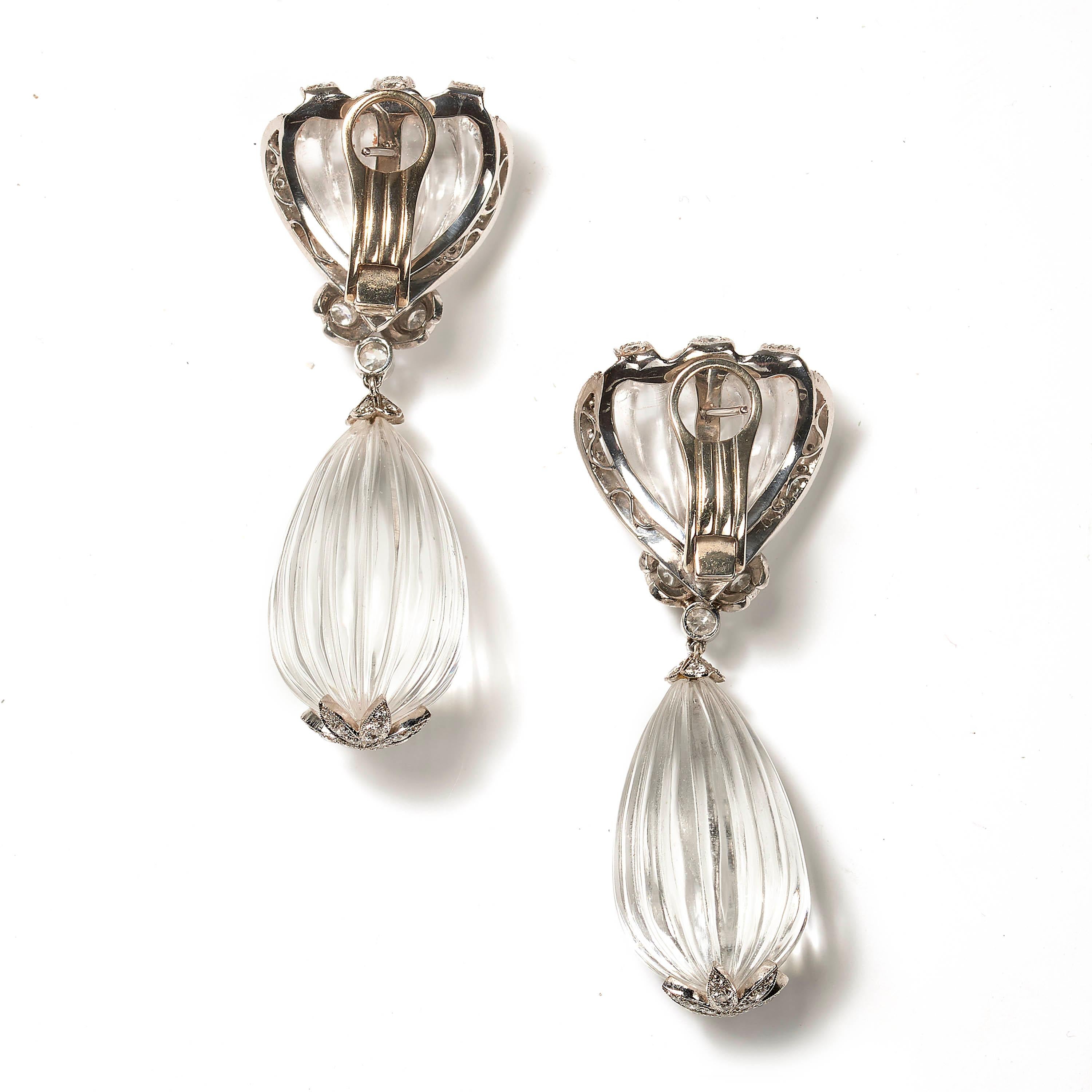 Contemporary Fluted Rock Crystal and Diamond Drop Earrings, 4.50 Carats For Sale