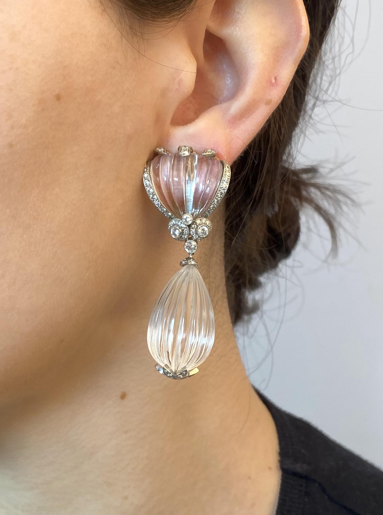 Brilliant Cut Fluted Rock Crystal and Diamond Drop Earrings, 4.50 Carats For Sale