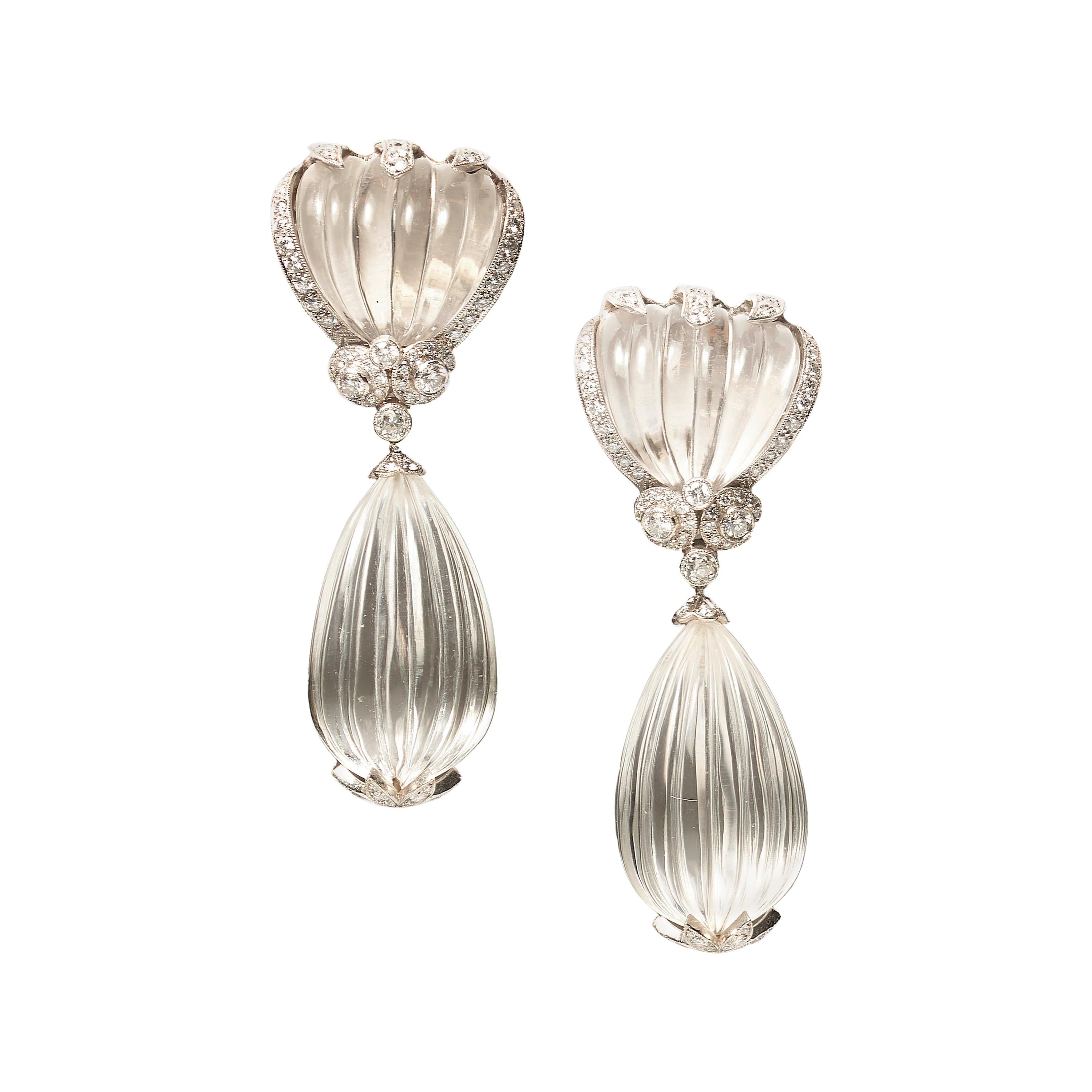 Fluted Rock Crystal and Diamond Drop Earrings, 4.50 Carats For Sale