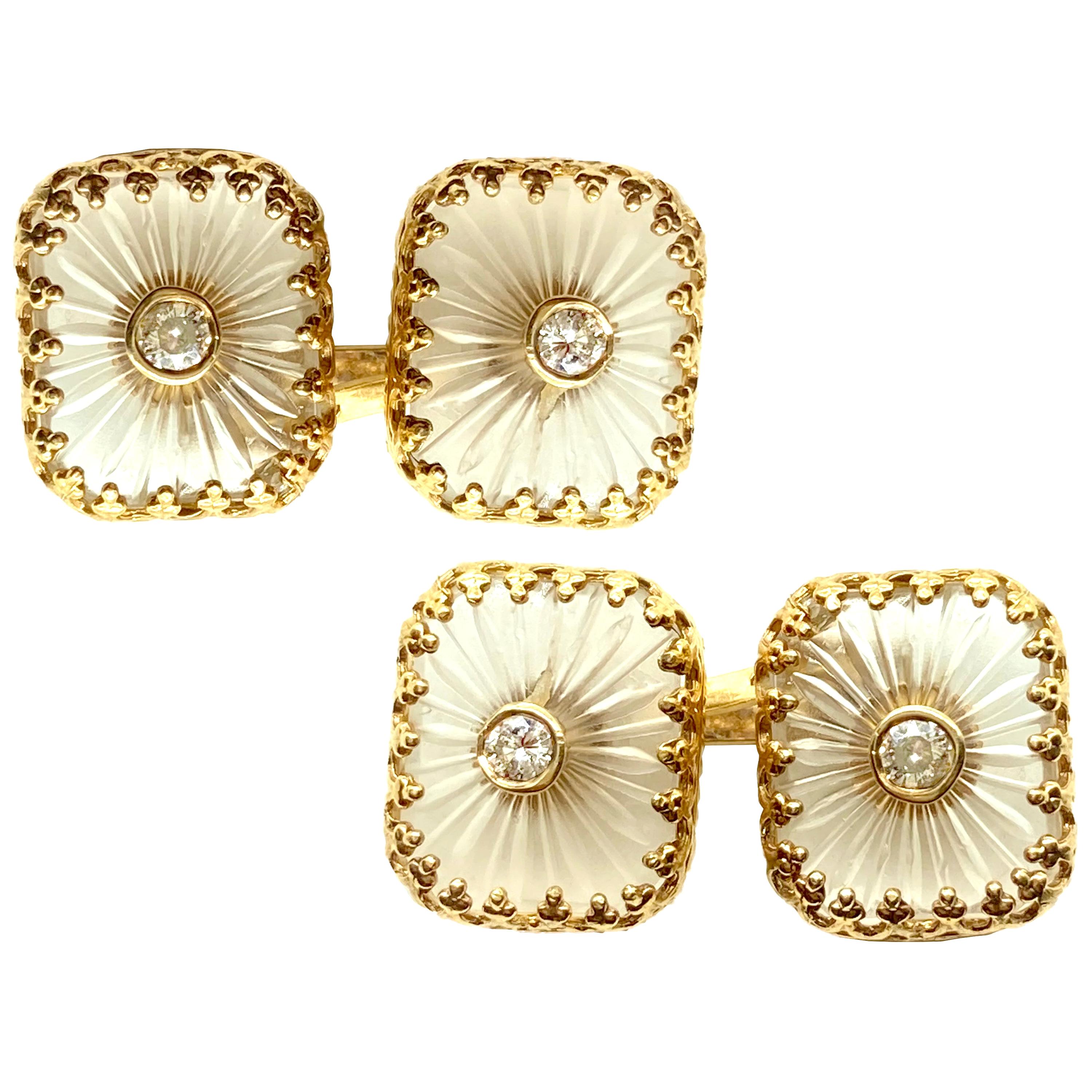 Fluted Rock Crystal and Diamond Yellow Gold Cufflinks For Sale