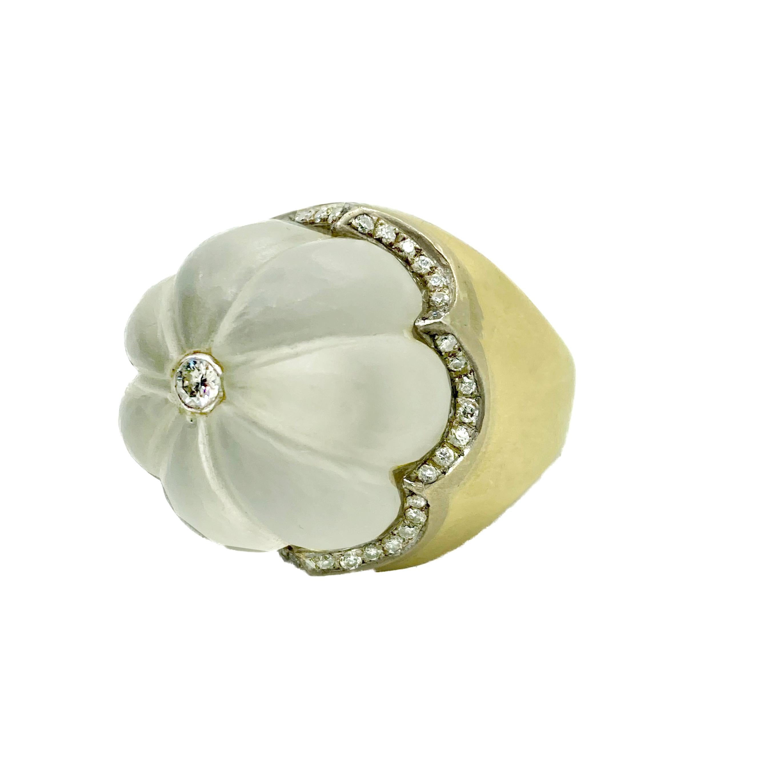 A retro fluted rock crystal and diamond dome 14 karat gold ring. Made in Italy, circa 1950s.