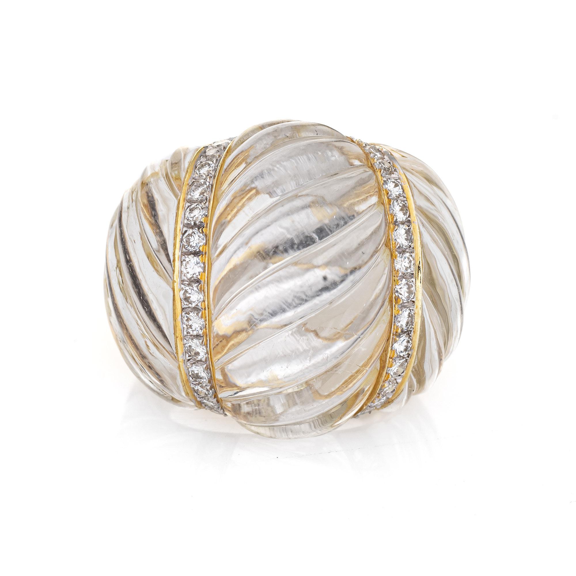 Bold & distinct vintage cocktail ring (circa 1960s to 1970s), crafted in 18 karat yellow gold. 

Fluted rock crystal measures 23mm x 27mm, accented with an estimated 0.28 carats of diamonds (estimated at H-I color and VS2-SI1 clarity). The rock