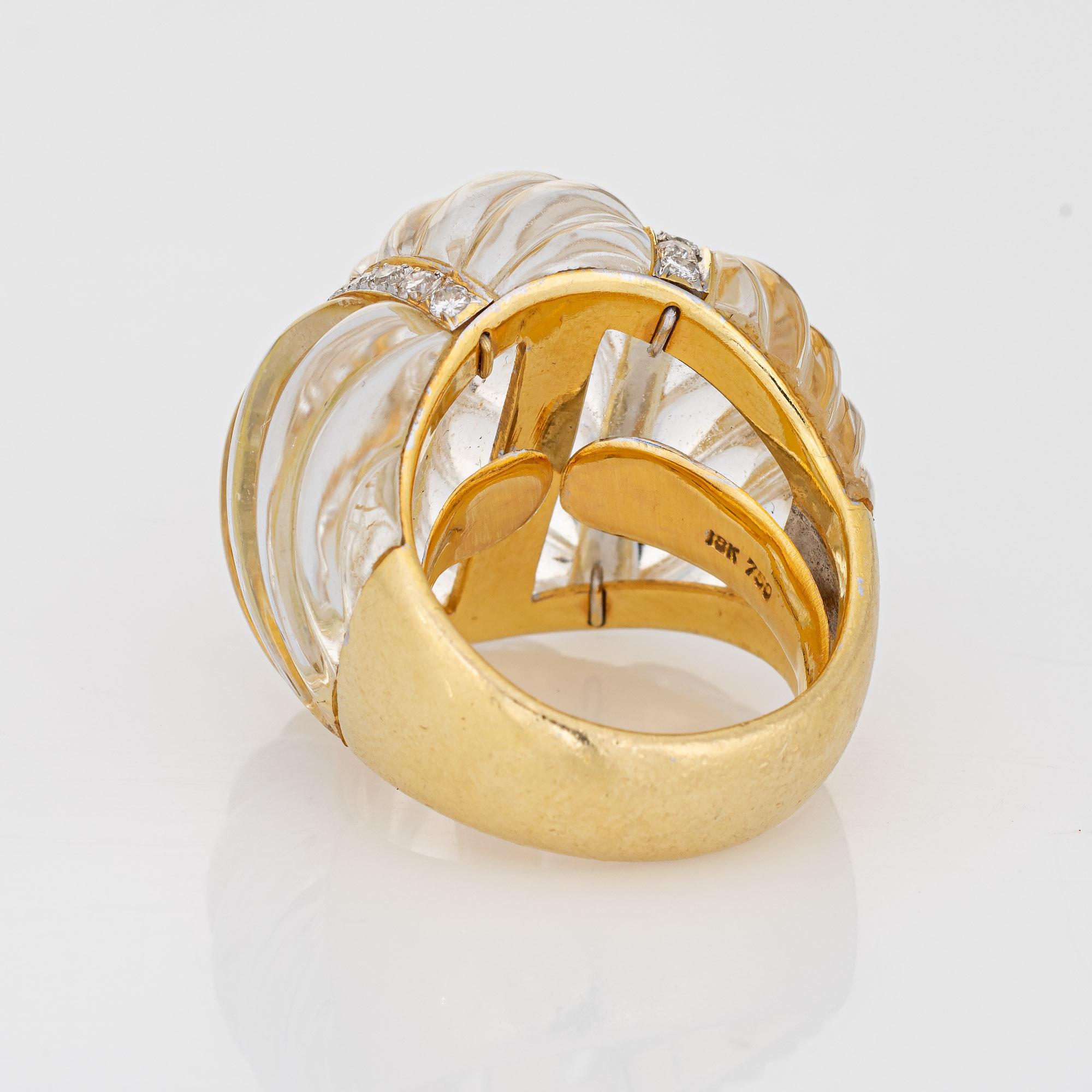 Taille ronde Bague en cristal de roche cannelé Diamant Dome Cocktail Vintage 18k Gold Jewelry Sz 7 en vente