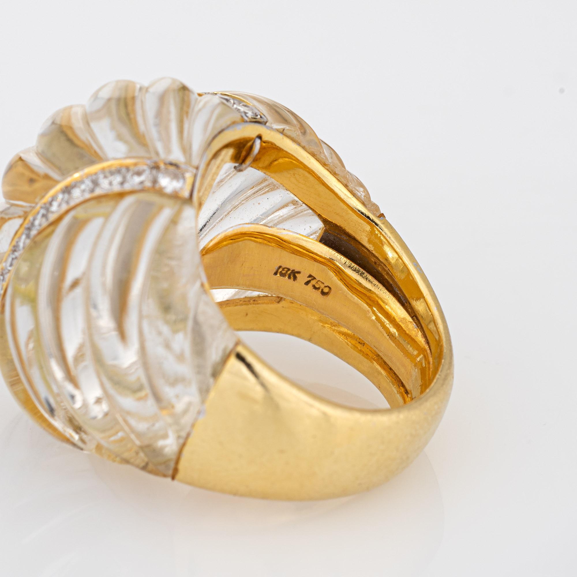 Bague en cristal de roche cannelé Diamant Dome Cocktail Vintage 18k Gold Jewelry Sz 7 Pour femmes en vente