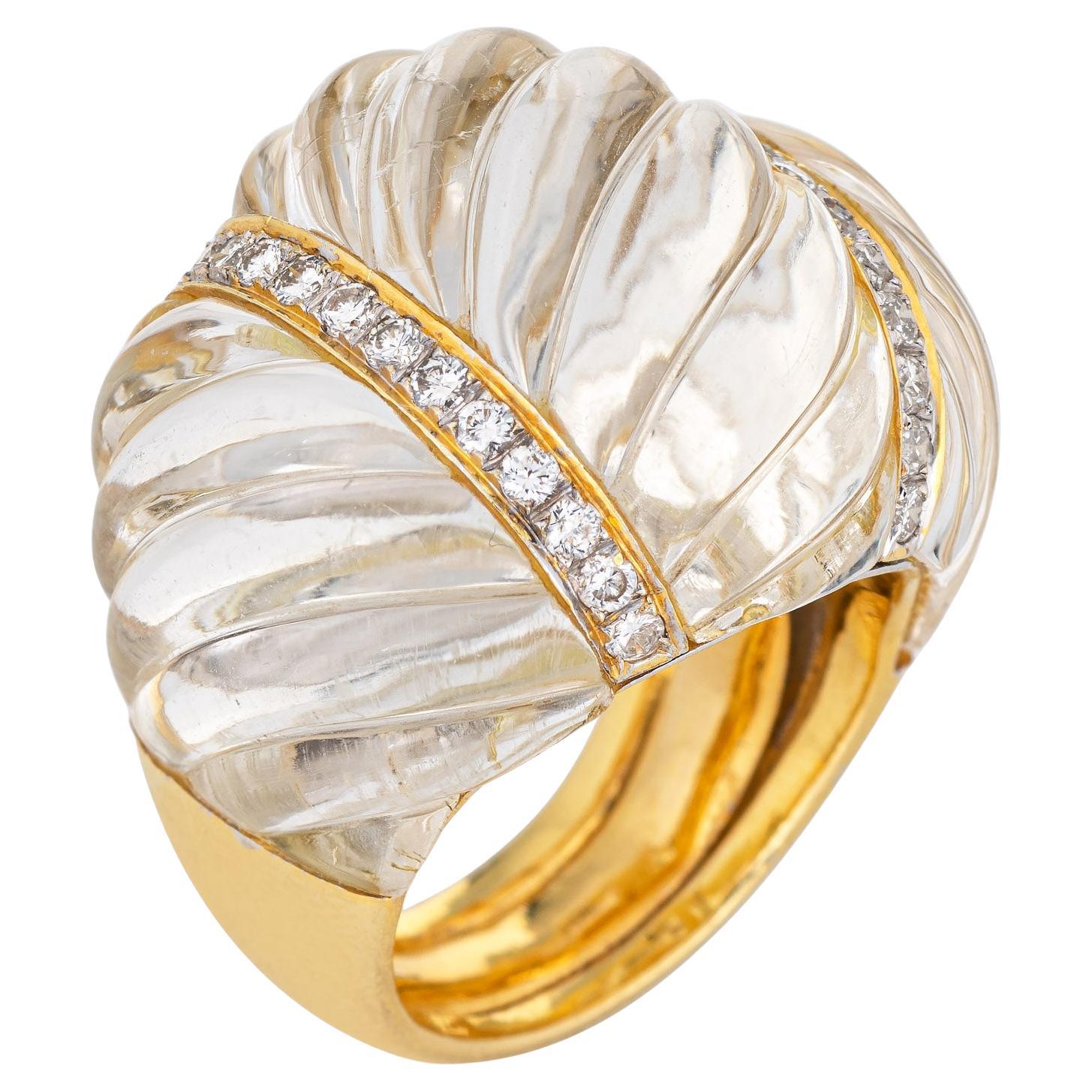Fluted Rock Crystal Diamond Ring Dome Cocktail Vintage 18k Gold Jewelry Sz 7 For Sale