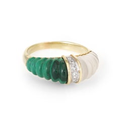 Ring mit geriffeltem Bergkristall, Malachit und Diamanten in Kuppelform, Vintage, 14-karätiges Gelbgold, aus einem Nachlass