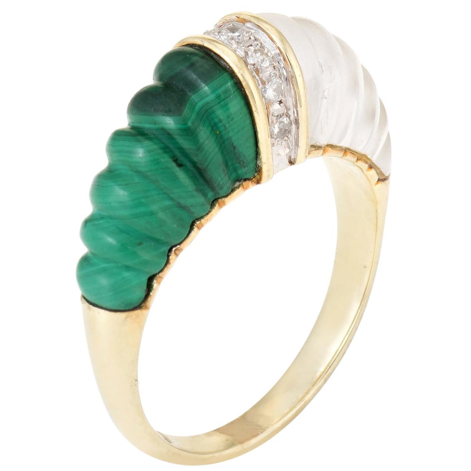 Fluted Rock Crystal Malachite Diamond Dome Ring Vintage 14k Yellow Gold  Estate at 1stDibs