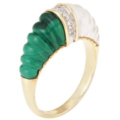 Fluted Rock Crystal Malachite Diamond Dome Ring Vintage 14k Yellow Gold Estate