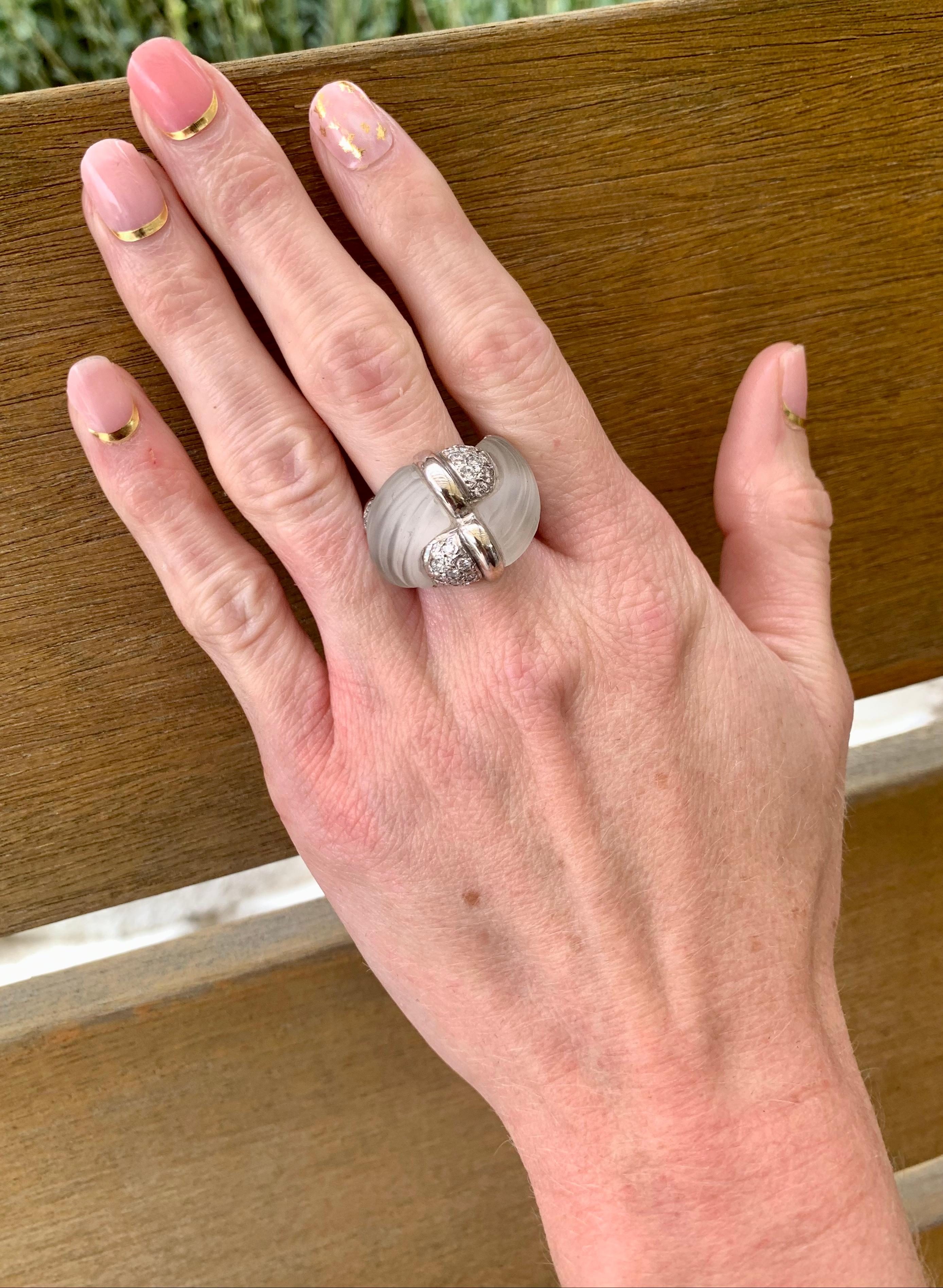 Women's Fluted Rock Crystal Quartz and Diamond 18k White Gold Cocktail Ring, circa 1970s For Sale
