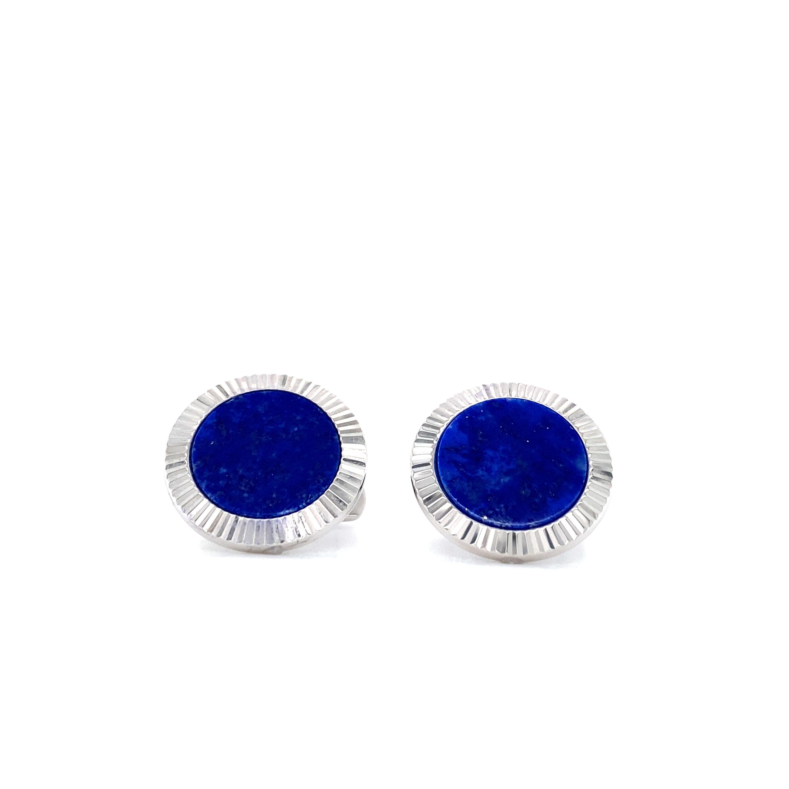 Round Cut Fluted Round Lapis Lazuli Cufflinks in Solid 925 Sterling Silver, Rhodium Plated For Sale