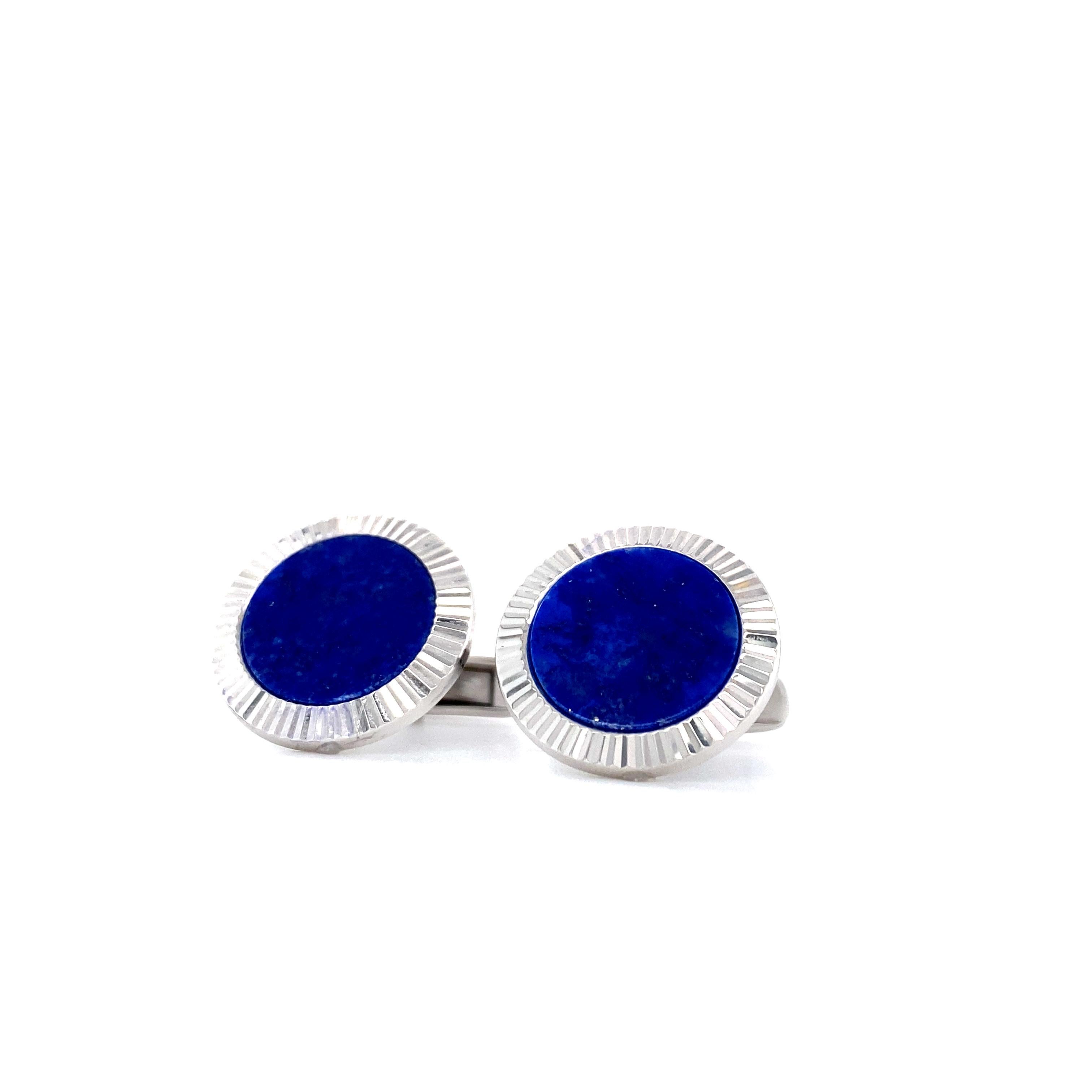 Fluted Round Lapis Lazuli Cufflinks in Solid 925 Sterling Silver, Rhodium Plated For Sale 2