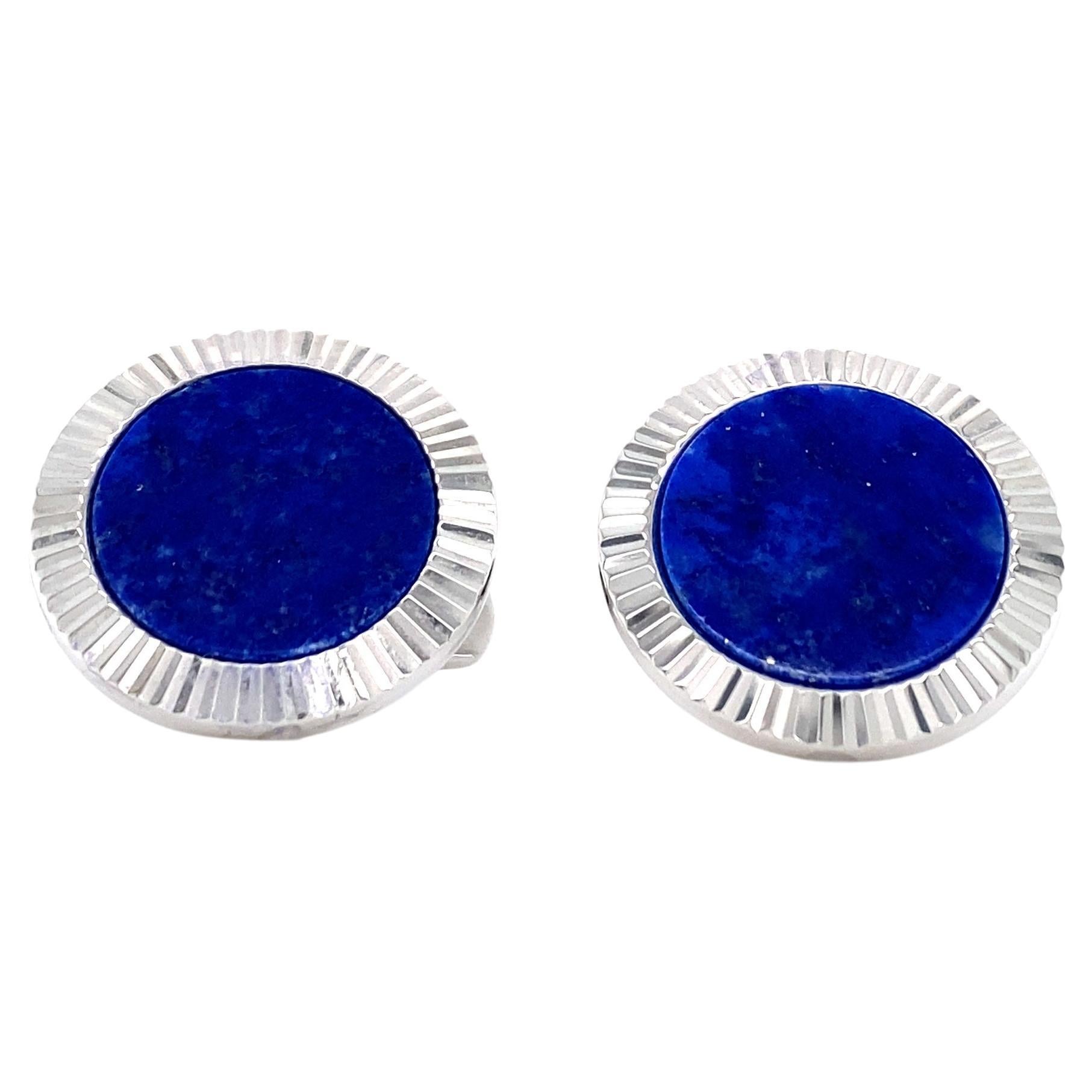 Fluted Round Lapis Lazuli Cufflinks in Solid 925 Sterling Silver, Rhodium Plated For Sale