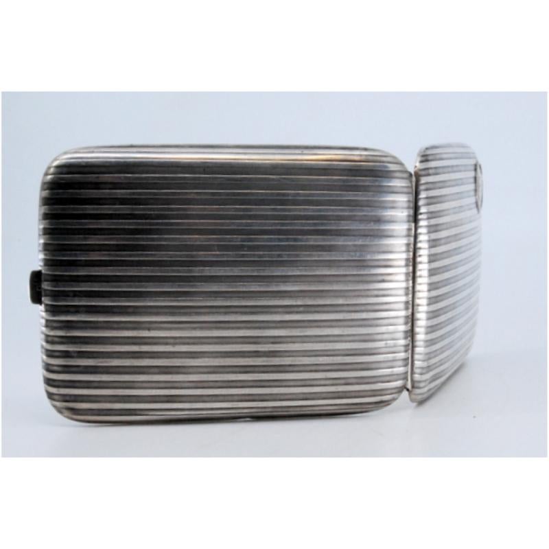 Fluted silver cigarette case with monogram card and gold interior For Sale 3