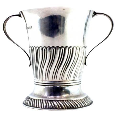 Fluted silver cup on a circular base with friezes
