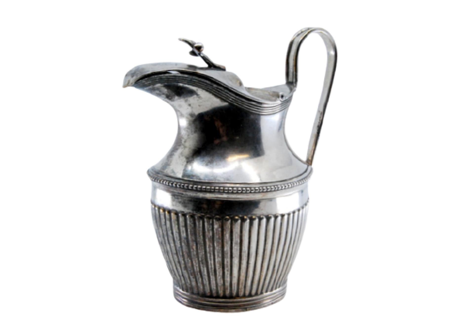 Fluted silver milk jug with frieze and hinged lid in D. Maria style