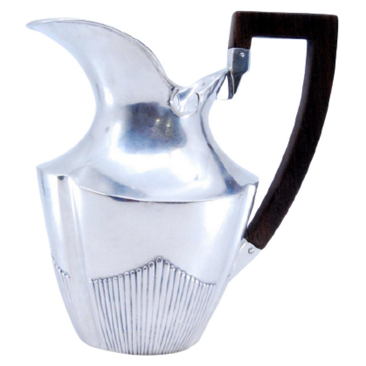 Fluted silver milk jug with wooden handle