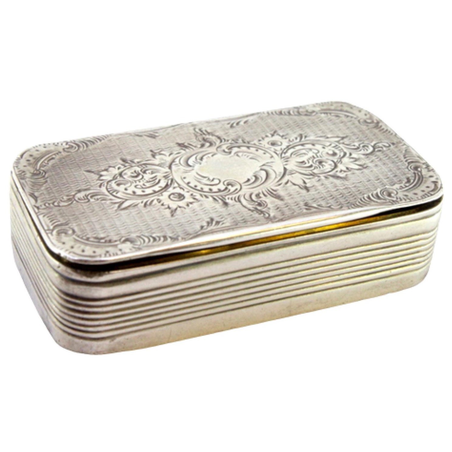 Fluted silver snuff box with floral engraving and monogram card